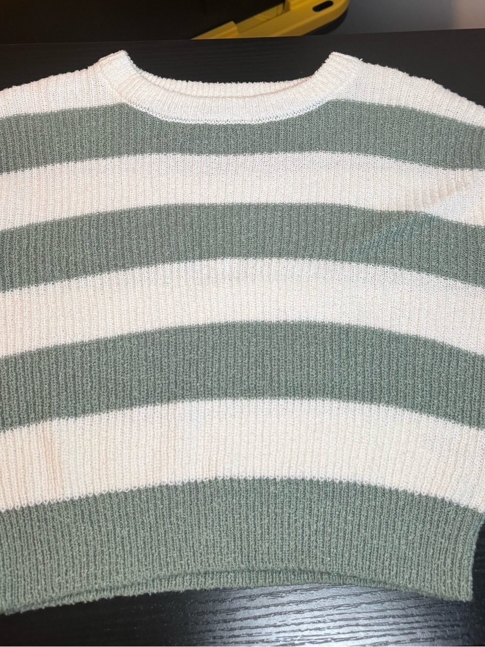 Double Zero Cream and Sage Striped Knit Crew Sweater